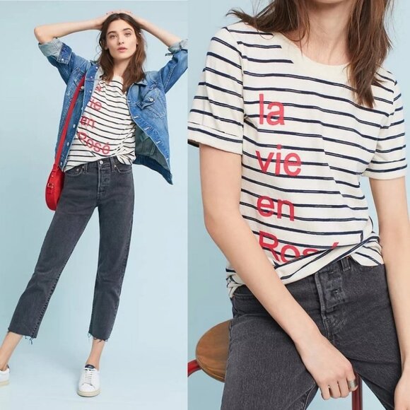 Anthropologie La Vie En Rose Graphic Tee Striped Sol Angeles Size XS Boho Top - Picture 1 of 10